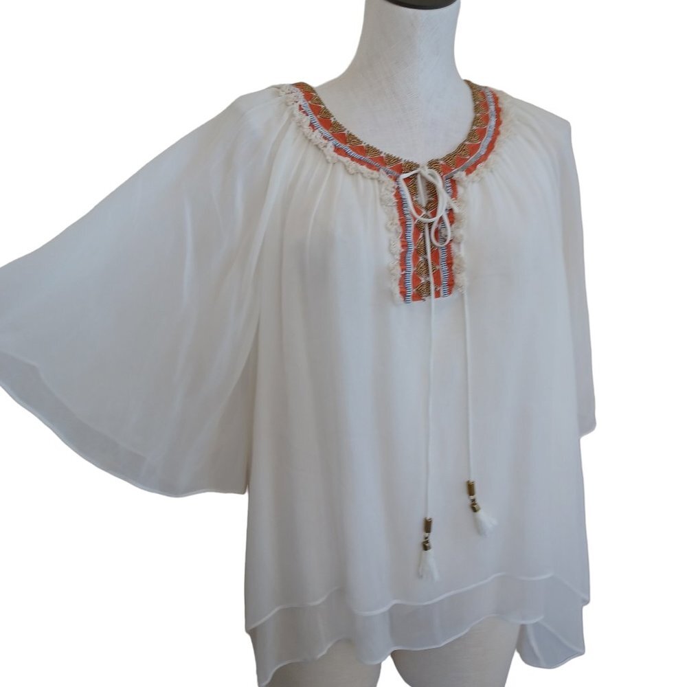 Malvin Boho White Chiffon Embroidered Beaded Tasel Split Neck Flutter Sleeve Top